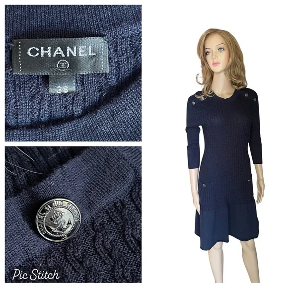 CHANEL Midnight Blue Knit Dress with Button Accents size 36(XS-S) - Picture 1 of 16